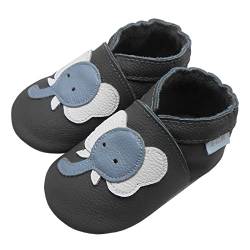 Basrakids Krabbelschuhe Baby Lauflernschuhe Lederpuschen Baby Hausschuhe Kinder Junge Mädchen- Weiche Leder Babyschuhe mit Rutschfesten Wildledersohlen Grau Elefant (M, 20/21EU) von Basrakids