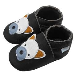 Basrakids Krabbelschuhe Baby Lauflernschuhe Lederpuschen Baby Hausschuhe Kinder Junge Mädchen- Weiche Leder Babyschuhe mit Rutschfesten Wildledersohlen Schwarz Französische Bulldogge (M, 20/21EU) von Basrakids