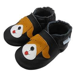 Basrakids Krabbelschuhe Baby Lauflernschuhe Lederpuschen Baby Hausschuhe Kinder Junge Mädchen- Weiche Leder Babyschuhe mit Rutschfesten Wildledersohlen Schwarz Hund (M, 20/21EU) von Basrakids