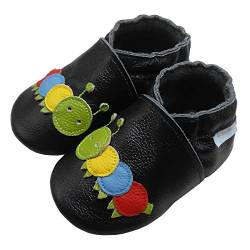 Basrakids Krabbelschuhe Baby Lauflernschuhe Lederpuschen Baby Hausschuhe Kinder Junge Mädchen- Weiche Leder Babyschuhe mit Rutschfesten Wildledersohlen Schwarz Raupe (XL, 24/25EU) von Basrakids