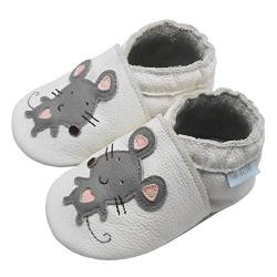 Basrakids Krabbelschuhe Baby Lauflernschuhe Lederpuschen Baby Hausschuhe Kinder Junge Mädchen- Weiche Leder Babyschuhe mit Rutschfesten Wildledersohlen Weiß Ratte (S, 18/19EU) von Basrakids