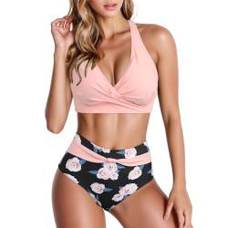 Bikini Damen Zweiteiliger Badeanzug V Ausschnitt überkreuztes Blumenmuster Bikini Bademode Bauchkontrolle Bikini Sets Bikini-Sets für Damen Push Up Sport Sexy von Bastwahl