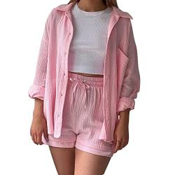 Zweiteiler Damen Sommer Musselin Bluse Hemd und Shorts Clothes Aesthetic Zweiteiler Loungewear damen set Baumwolle Strand Outfit Set Two Piece Set Women von Bastwahl