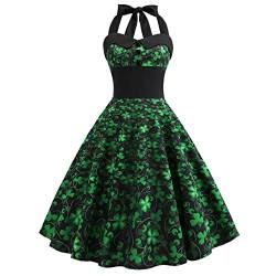 Kleid Damen St. Patrick's Day Kleider Grün Sexy Elegant, Frauen Schulterfrei Rückenfrei Ärmelloses Vierblättriges Kleeblatt Drucket Swing Cocktailclub Party Prom Abendkleid Womens Halfter Dress S-3XL von Batnott