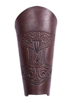 Battle-Merchant Armstulpe aus Leder mit geprägtem Thorshammer, braun-antik - Armschützer LARP Mittelalter Wikinger Größe Paar von Battle-Merchant