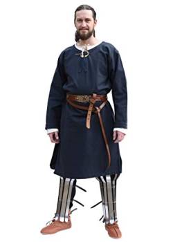 Battle-Merchant Mittelalter Tunika Albrecht mit Borte, langarm aus Baumwolle - Rot o. Blau - S - XXL - Wikinger LARP Kleidung Kostüm Hemd Herren (L, Dunkelblau) von Battle-Merchant