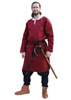 Battle-Merchant Mittelalter Tunika Albrecht mit Borte, langarm aus Baumwolle - Rot o. Blau - S - XXL - Wikinger LARP Kleidung Kostüm Hemd Herren (XL, Weinrot) von Battle-Merchant