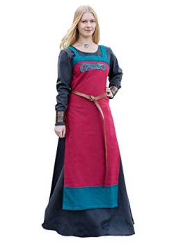 Battle-Merchant Wikinger Trägerkleid Hilja mit Stickerei | mittelalterliches Schürzenkleid für Damen | LARP Gewandung aus Baumwolle | Größen S-XXL blau/senfgelb oder rot/Petrol (rot, L) von Battle-Merchant