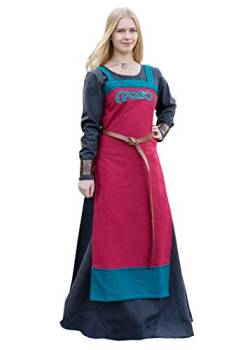 Battle-Merchant Wikinger Trägerkleid Hilja mit Stickerei | mittelalterliches Schürzenkleid für Damen | LARP Gewandung aus Baumwolle | Größen S-XXL blau/senfgelb oder rot/Petrol (rot, XL) von Battle-Merchant
