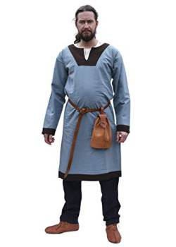 Battle-Merchant Wikinger Tunika Vallentin Langarm für Herren Baumwolle | Mittelalter LARP Vikings mittelalterliches Kostüm (Blaugrau/Braun/XXL) von Battle-Merchant