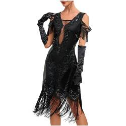 1920s Vintage Kleid Damen Flapper Charleston Kleid Gatsby Pailletten Quasten Saum Cocktail AbschlussballKleid Kleid 1920s Pailletten Kleid V-Ausschnitt Knielang Cocktailkleid Abendkleid Partykleid von Battnot