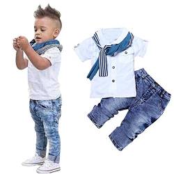 Battnot Baby Jungen Bekleidungssets 3tlg Sets Kurzarm T-Shirt Tops+Schal +Denim Lange Jeanshosen 3er Neugeborene Sommer Solide Outfits Knöpfe, 2-5 Jahre Kleinkind Kinder Boys Gentleman Kleidung von Battnot