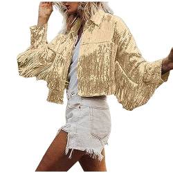 Battnot Damen Jacke Western Wildleder Kuhdame Indianer Frauen Fransen Mantel Damen Glitzer Jacke Fransen Jeansjacke Konzert Outfits Langarm Quasten Tshirt Pailletten College Party Jacken von Battnot