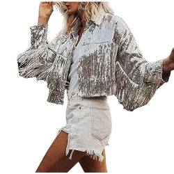 Battnot Damen Jacke Western Wildleder Kuhdame Indianer Frauen Fransen Mantel Damen Glitzer Jacke Fransen Jeansjacke Konzert Outfits Langarm Quasten Tshirt Pailletten College Party Jacken von Battnot