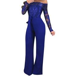 Battnot Damen Jumpsuit Schulterfrei Bogen-Bügel Gürtel, Frauen-beiläufiger Spitze Overalls Sexy Elegant Langarm Strampler Lose Lange Hosen Womens Casual Lace Tracksuit Pants Festlich Hochzeit Blau von Battnot