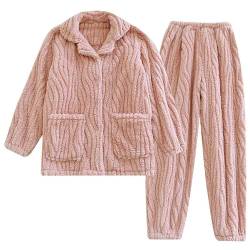 Battnot Hausanzug Damen Lang Pyjama Set Lang Zweiteiliger Fleece Pyjama Herbst Und Winter Dicken Warm Rundhals Schlafanzüge Hausanzug für Frauen, Warme Flauschige Nachtwäsche PJS für Frauen von Battnot