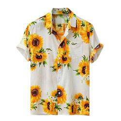 Battnot Herren T Shirt Hawaiihemd Sonnenblume Druck Kurzarm Knöpfe Stehkragen Sommer Sport Freizeit Blusen, Männer Hemd Casual Cool Regular Fit Tees Lose Oben Pullover Mens Tops Fashion M-3XL XXXL von Battnot