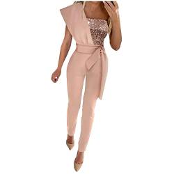 Battnot Jumpsuit Damen Glänzend Brillant Einteiler Lang Overall Hosenanzug Lose Schulterfrei Festival Party Playsuit Romper mit Weiten Beinen Glitzer Playsuits Overalls, U#rosa, XL von Battnot