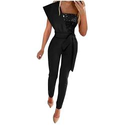 Battnot Jumpsuit Damen Overall Einteiler Lang Hosenanzug Playsuit Jogginganzug Romper Einfarbig Strampler Spielanzug Mit Gürtel Overalls Cocktail Party, B#schwarz, XXL von Battnot