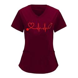 Battnot Kasack Damen Pflege Günstig große größen mit Liebe Motiv T-Shirt Schlupfkasack Krankenhaus Schlupfhemd Bluse Kurzarm V-Ausschnitt Kasack Bunt Arzt Uniform Berufsbekleidung Kleidung von Battnot