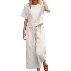 Battnot Leinen Zweiteiler Damen Hose und Kurzarm Top Sommer 2-Teiliges Hosenanzug Set Elegant Freizeitanzug Top und Weite Beine Hose Outfit Leinenanzug Sportanzug Trainingsanzug Lose Zweiteilige von Battnot