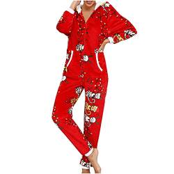 Battnot Weihnachten Damen Schlafanzug Lang Warm Jumpsuit Langarm Onesie Teddy Fleece Pyjama mit Kapuze Schlafanzug Overall Kuschelig Hausanzug Anzug Flauschig Santa Claus Schlafoverall von Battnot