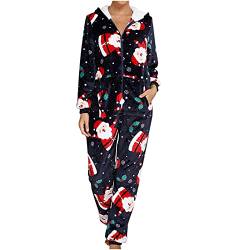 Battnot Weihnachten Damen Schlafanzug Lang Warm Jumpsuit Langarm Onesie Teddy Fleece Pyjama mit Kapuze Schlafanzug Overall Kuschelig Hausanzug Anzug Flauschig Santa Claus Schlafoverall von Battnot