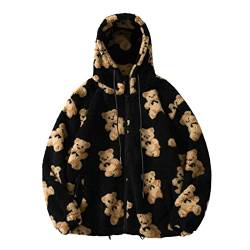 Battnot Winterjacke Damen Langarm Tops Übergroße Sherpa Jacke für Damen Fuzzy Fleece Mantel mit niedlichem Teddybär Print Warme Bluse Reißverschluss Langarm Kapuze Fleecejacke Outwear Plüschjacke von Battnot