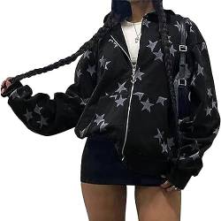 Battnot Zip Up Hoodie Damen Y2K Sterne Vintage Jacke Oversized Langarm Sweatshirts Harajuku E-Girl Oberteil Pullove Sweatjacke Damen Übergroßes Kapuzen Hoodie Y2k Ästhetischer Oversized Sweatshirt von Battnot