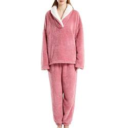 Damen Fleece Schlafanzug Flauschig Zweiteiler Schlafanzüge Winter Thermo Pyjama Set Flanell Fleece Nicki Frauen Kuschelanzug Hausanzug Loungewear Pyjama Set Thermokleidung Hausanzug Schlafanzug von Battnot