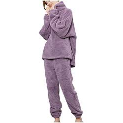 Damen Fleece Schlafanzug Frauen Zweiteiler Kuschelanzug Nicki Flauschig Schlafanzüge Fleece Flanell Thermo Winter Pyjama Set Thermokleidung Hausanzug Schlafanzug Damen Lang Fleece Warm Pyjama Set von Battnot