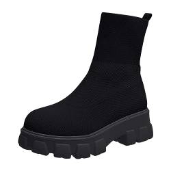 Damen Stiefeletten Plateau Strick Absatz Boots Schlupfstiefel Damen Gummierter Springerstiefel mit Dicker Außensohle Warm Bequem Klassisch Kurzschaft Stiefel Winterstiefel Winter Boots von Battnot