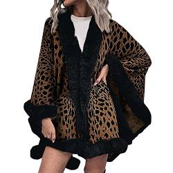 Damen Umhang Strick Poncho Damen mit Kunst Fell Quaste Häkel Strickjacke Elegante Boleros Damen Einfarbige Strickschal Herbst Winter Feinstrick Umhang Damen Wraps Poncho Cape von Battnot