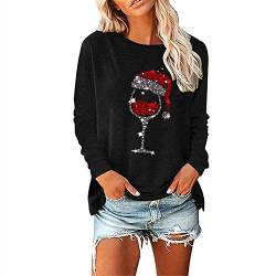 Damen Weihnachten Weinglas Gedruckt Shirt Rundhals Langarm T-Shirt Pullover Bluse Tops Tunika Tee Weihnachtsshirt Damen Schwarz Tshirt XXL Weihnachtspullover Damen Sweatshirt Weihnachten Shirt von Battnot