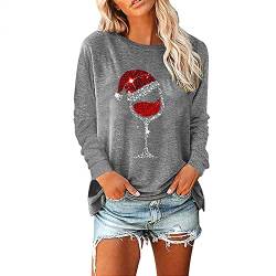 Damen Weihnachten Weinglas Gedruckt Shirt Rundhals Langarm T-Shirt Pullover Bluse Tops Tunika Tee Weihnachtsshirt Damen Schwarz Tshirt XXL Weihnachtspullover Damen Sweatshirt Weihnachten Shirt von Battnot