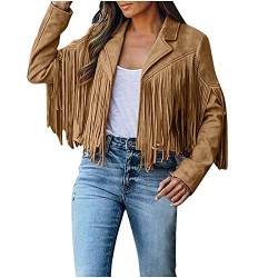 Hippie Kleidung Damen Faux Wildleder Fransen Jacke Langarm Vintage Mäntel Quaste Casual Oberbekleidung Cowboy Style Strickjacke Mantel Damen Fransen Quaste Jacke Karneval Faschingskostüme von Battnot