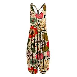 Jumpsuit Damen Elegant Sommer V-Ausschnitt Ärmellos Retro Drucken Loose Overall Casual Hosenanzug Weites Bein Playsuit Romper Jumpsuit Damen Latzhose Lose Strampler Overall Wide Leg Playsuit von Battnot