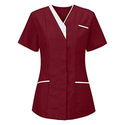 Kasacks Damen Pflege Günstig Einfarbig Kurzarm V-Ausschnitt T-Shirt Tops mit Taschen Schlupfhemd Arbeitsuniform Pflegebekleidung Kasack Krankenpfleger Uniform Pflegeheim Nurse Berufskleidung Tops von Battnot