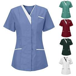 Kasacks Damen Pflege Günstig Einfarbig Kurzarm V-Ausschnitt T-Shirt Tops mit Taschen Schlupfhemd Arbeitsuniform Pflegebekleidung Kasack Krankenpfleger Uniform Pflegeheim Nurse Berufskleidung Tops von Battnot