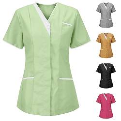 Kasacks Damen Pflege Günstig Einfarbig Kurzarm V-Ausschnitt T-Shirt Tops mit Taschen Schlupfhemd Arbeitsuniform Pflegebekleidung Krankenpfleger Uniform Pflegeheim Nurse Berufskleidung XXXL von Battnot
