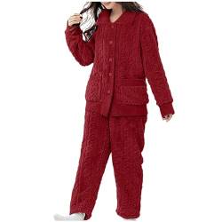 Schlafanzug Damen Lang Flauschig Warm Winter Fleece Pyjama Damen Hausanzug Kuschelig Schlafanzug Damen Lang Fleece Pyjama Set mit Knöpfen Warm Schlafanzüge für Damen weich Lounge Set Freizeitanzug von Battnot