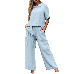 Sommer Outfits Damen Leinen Zweiteiler Damen Sommer Hosenanzug Damen Hochzeit Festlich Elegant 2 Teilig Loungewear Einfarbig Sommer Outfits Streetwear Freizeitanzug Anzug 2 Teiler Set B#blau L von Battnot