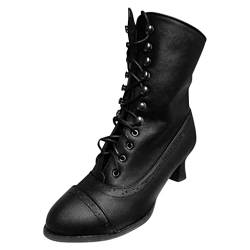 Stiefel Damen viktorianische Vintage Gothic Schnürung lederstiefel spitz Klassische Halbschaft Stiefel Mittelalterliche retro Knöchelstiefel Damen Stiefeletten Ankle Boots Hochzeit Oktoberfest von Battnot