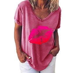 T-Shirt Damen 80er Jahre Tshirt mit Lippen Karneval Kostüm 90er Jahre Kostüm Lustig T Shirt Sommer Kurzarm Oberteil Rundhals Lippen Neon Shirt Party Retro T-Shirt Tops Tunika Streetwear von Battnot