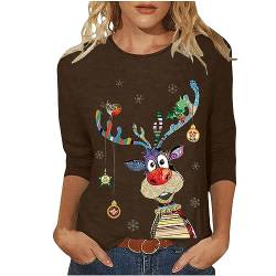 Weihnachtsshirt Damen Lustig Rudolph Rentier Elfe Shirt Damen 3/4 Arm Damen T-Shirt 3/4 Arm Oberteile Sweatshirt T-Shirt Oberteile Hemd Bluse Tunika Top Xmas Tshirts Weihnachtsbluse Shirts von Battnot