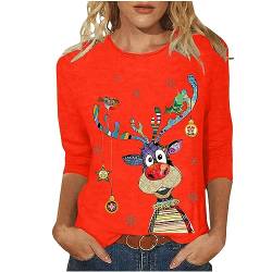 Weihnachtsshirt Damen Lustig Rudolph Rentier Elfe Shirt Damen 3/4 Arm Damen T-Shirt 3/4 Arm Oberteile Sweatshirt T-Shirt Oberteile Hemd Bluse Tunika Top Xmas Tshirts Weihnachtsbluse Shirts von Battnot