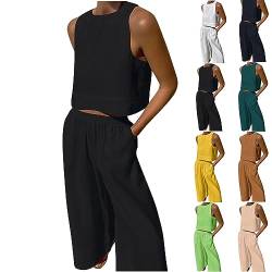 Zweiteiler Damen Elegant Sommer Hosenanzug Damen Sommer Ärmelloses Tank Top und Hose Trainingsanzug Baumwolle Leinen Freizeitanzug Loungewear Damen Set A#schwarz XL von Battnot