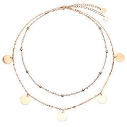 BaubleStar Damen Mehrreihige Kette Rosegold mit 5 Kreis Plättchen Anhängern Zarte Layered Choker Halskette aus Edelstahl Schmuck für Frauen Mädchen von BaubleStar