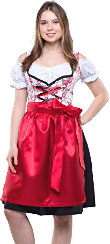 Bavarian Clothes Dirndl Damen Midi Trachtenkleid 8010 mit Dirndlbluse und Schürze 3 teilig Schwarz Rot Weiß Wiesn Oktoberfest (Größe 34) von Bavarian Clothes