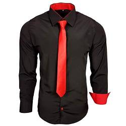 Baxboy 444-BK Herren Kontrast Hemd Business Hemden mit Krawatte Hochzeit Freizeit Fit, Farbe:Schwarz/Rot, Größe:M von Baxboy